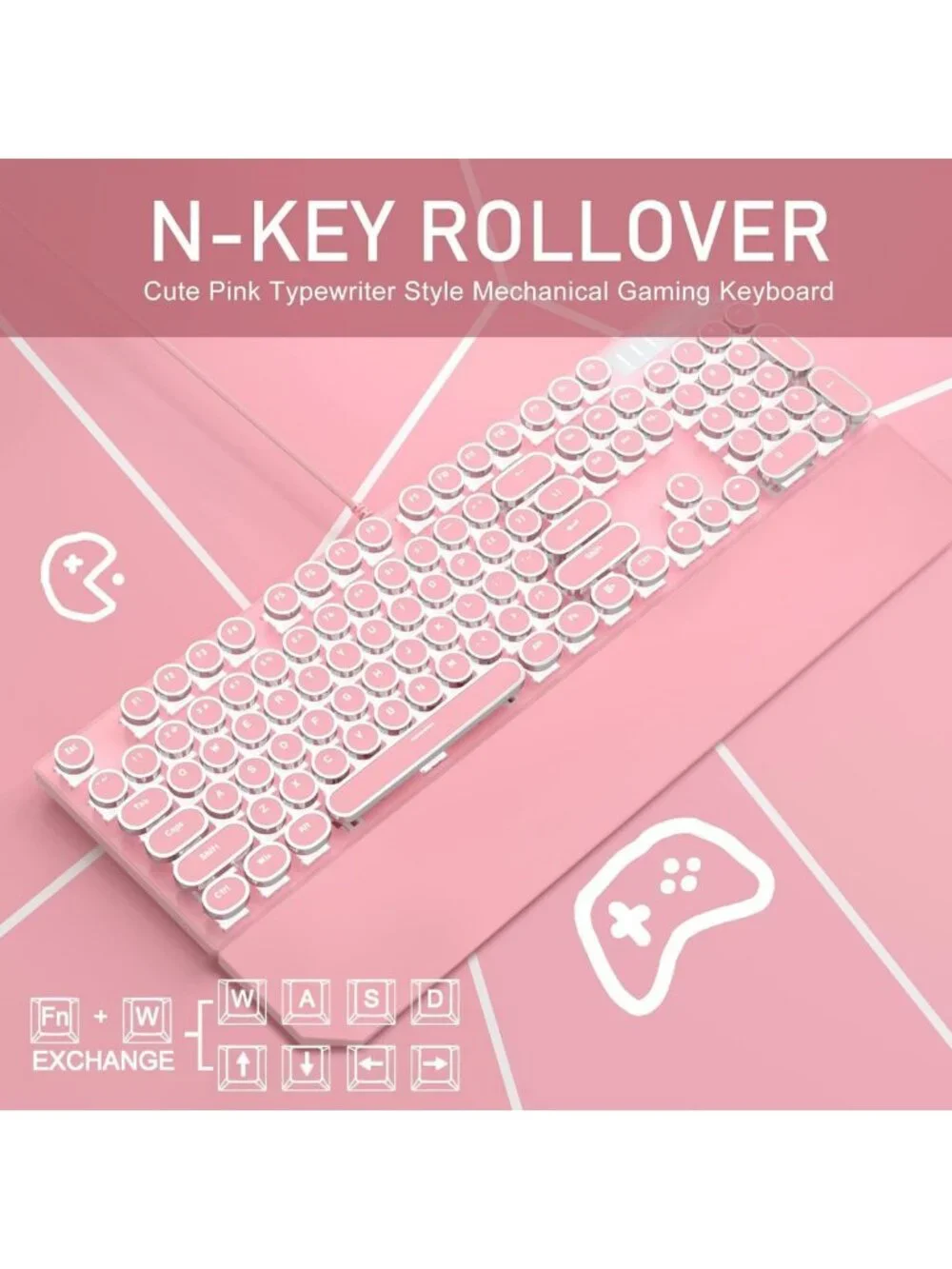 Retro Pink Typewriter Mechanical Gaming Keyboard, 104 Keys, White Backlit, Cute